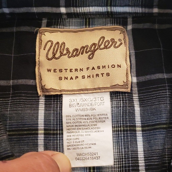 Wrangler Mens Short Sleeve Pearl Snap Shirt Western Black Plaid 3XL Big 3XB - Picture 7 of 10